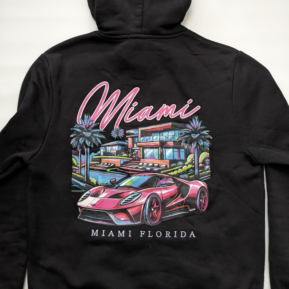 Miami Florida Racer Car Graphic Black Hoodie, Men's Small